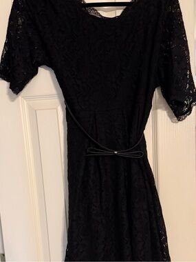 Black Maternity Lace Short Sleeve Dress with Waist Tie